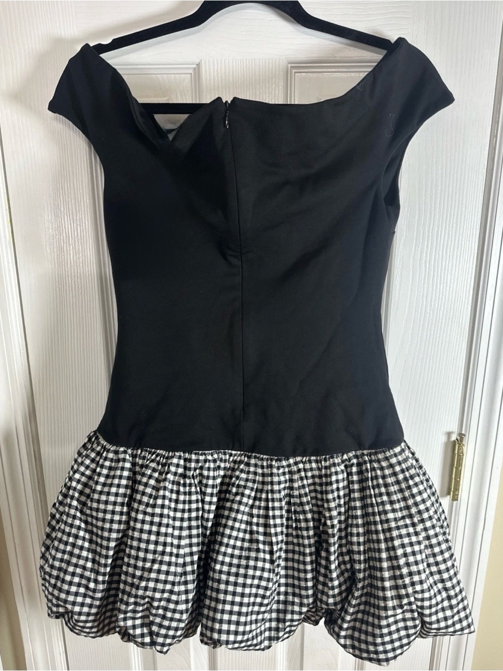 Lovers + Friends Carolina Mini Dress XL Black Gingham Bubble Hem Off Shoulder - Picture 5 of 6